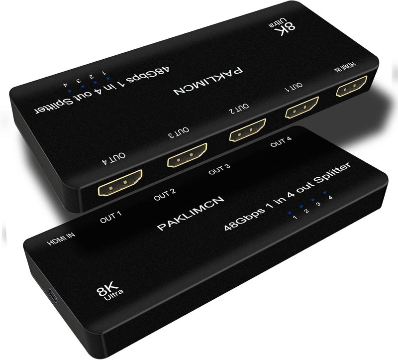 PAKLIMCN 8K HDMI Splitter 1 in 4 Out 4K 120Hz,1X4 HDMI Duplicator Adapter-1 to 2 Output Simultaneously for 2or4 Displays, Support Full HD1080P 3D HDCP 1.4 for PS3/4, Blu-Ray DVD Player-Not for Extend (8K 1X4) - Image 2